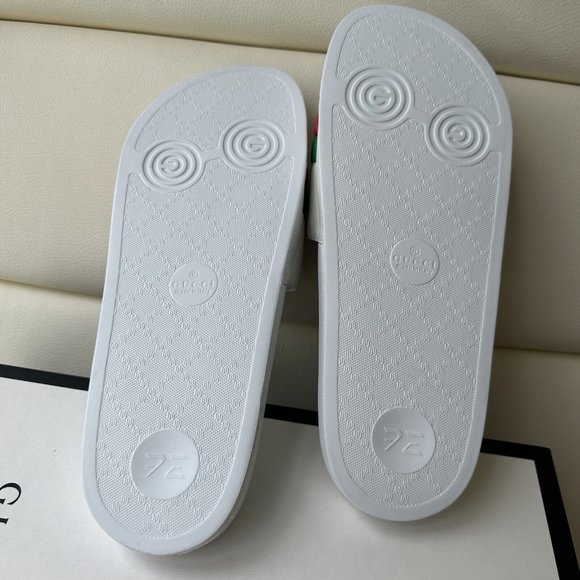 NEW GUCCI SLIDES WHITE LEATHER “ORIGINAL GUCCI” RED GREEN LOGO SZ G8 630606 - Picture 6 of 8